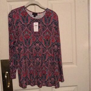 Paisley J.jill Print Top with Red and Navy Accents NWT